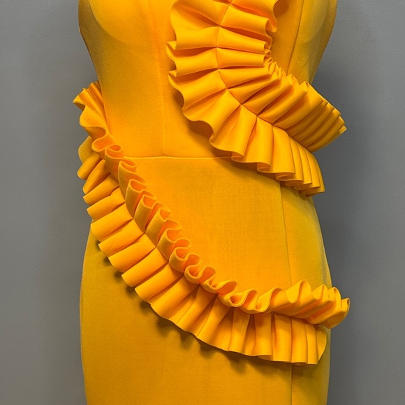 Vibrant Yellow One Shoulder Ruffle Dress Size Large - Picture 3 of 16